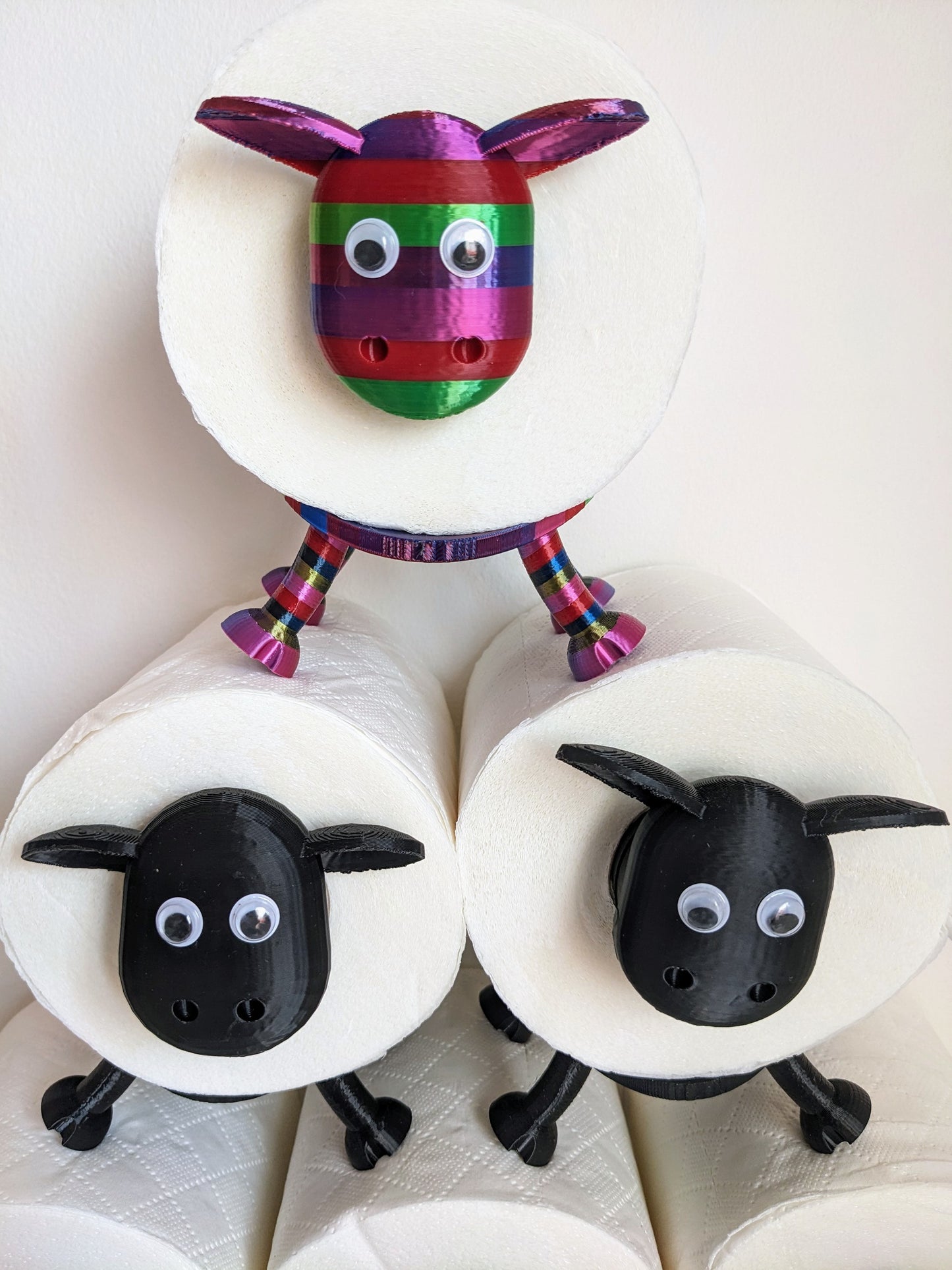 Rainbow and Black Sheep toilet roll holders universal fitting Shane Shelly Owen Ewe-Gene & Ewe- Anne the colourful flock Indivdual or sets