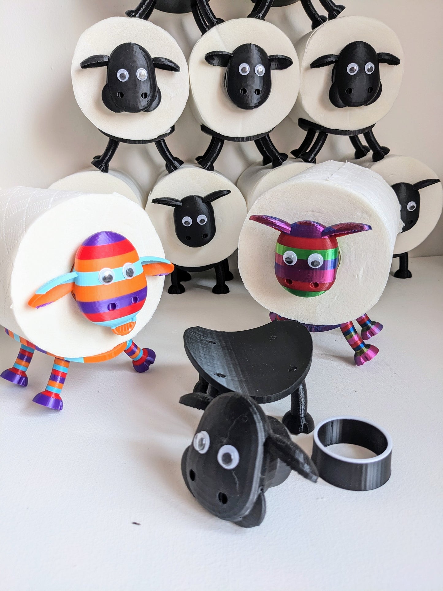 Rainbow and Black Sheep toilet roll holders universal fitting Shane Shelly Owen Ewe-Gene & Ewe- Anne the colourful flock Indivdual or sets