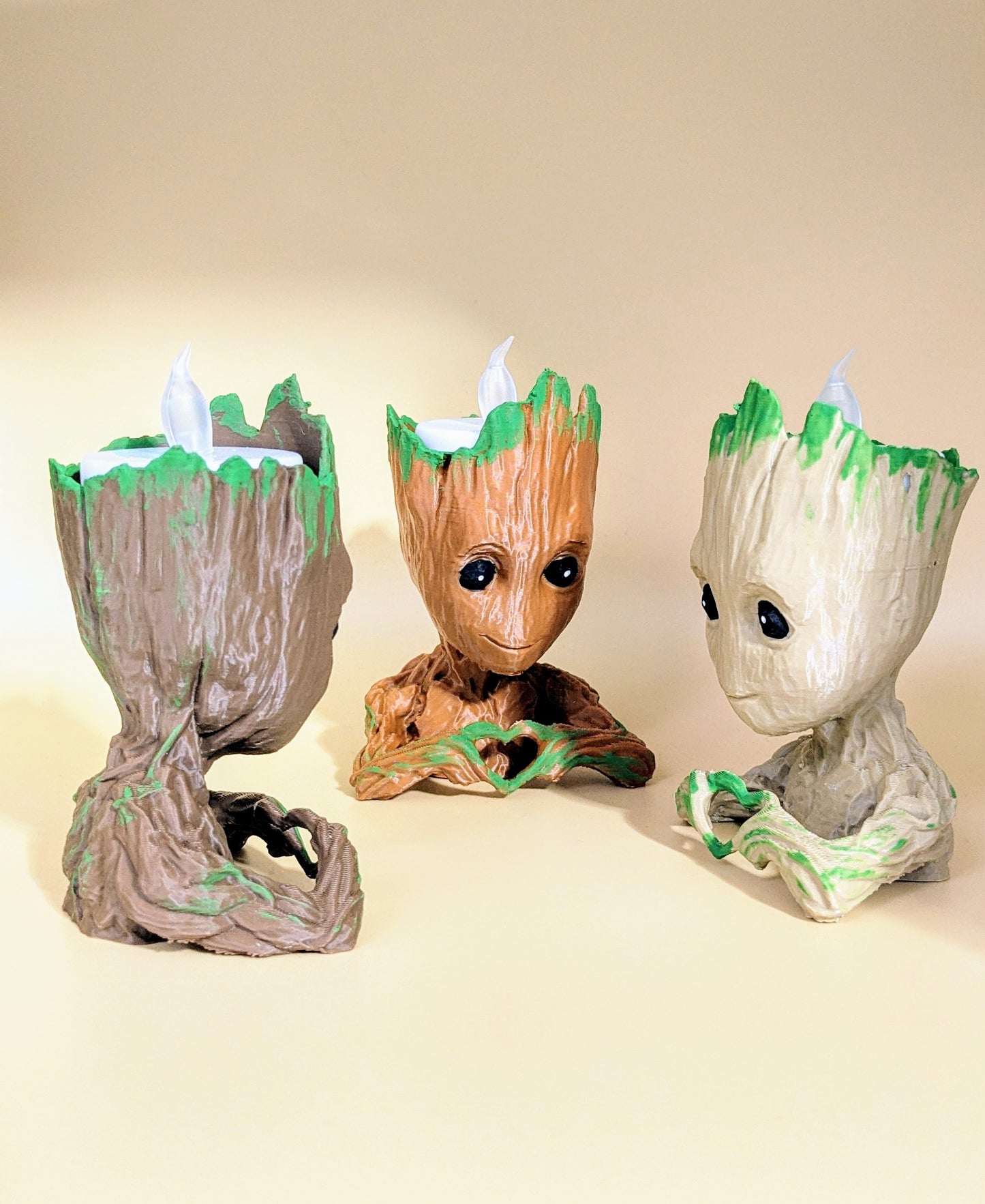 Baby Groot battery operated T light / available in 3 colours, all individually hand painted. These are unique night lights.