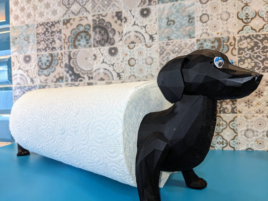 Charlie the Dachshund universal kitchen or toilet roll holder, sausage dog unique paper towel dispenser fits all size rolls.