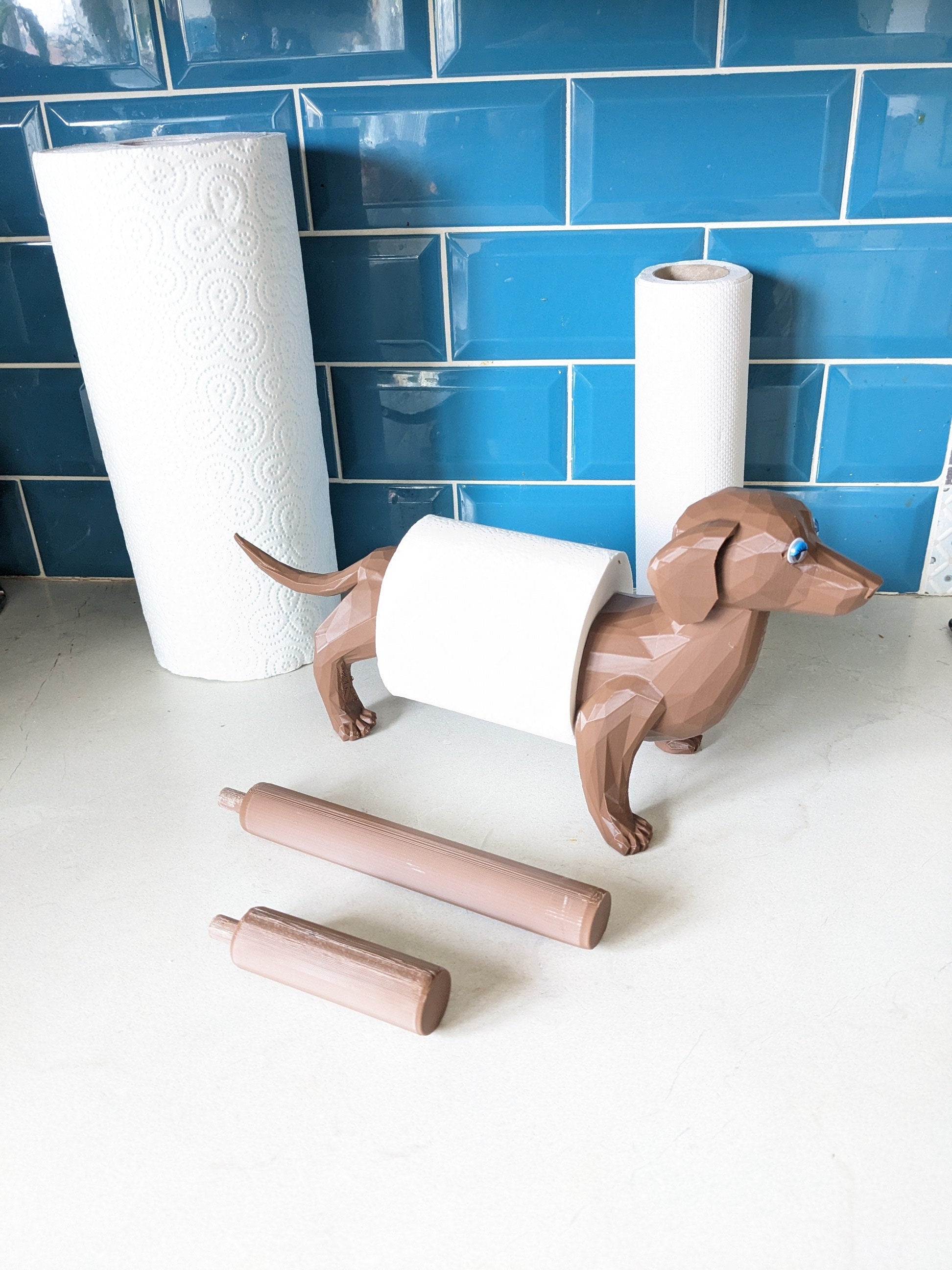 Charlie the Dachshund universal kitchen or toilet roll holder, sausage dog unique paper towel dispenser fits all size rolls.