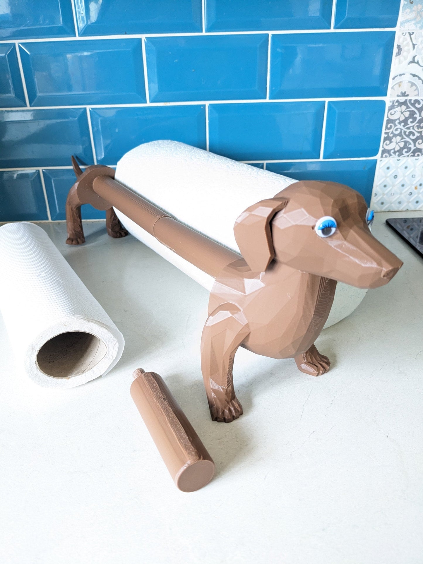 Charlie the Dachshund universal kitchen or toilet roll holder, sausage dog unique paper towel dispenser fits all size rolls.