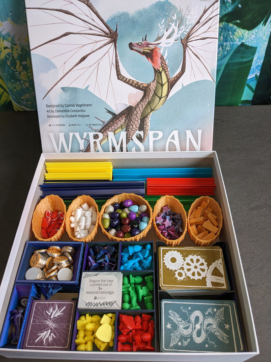 Wyrmspan Box organiser, custom resources, Game card dispensors, holders , complete playing pieces with Dragon egg containers coins & tokens