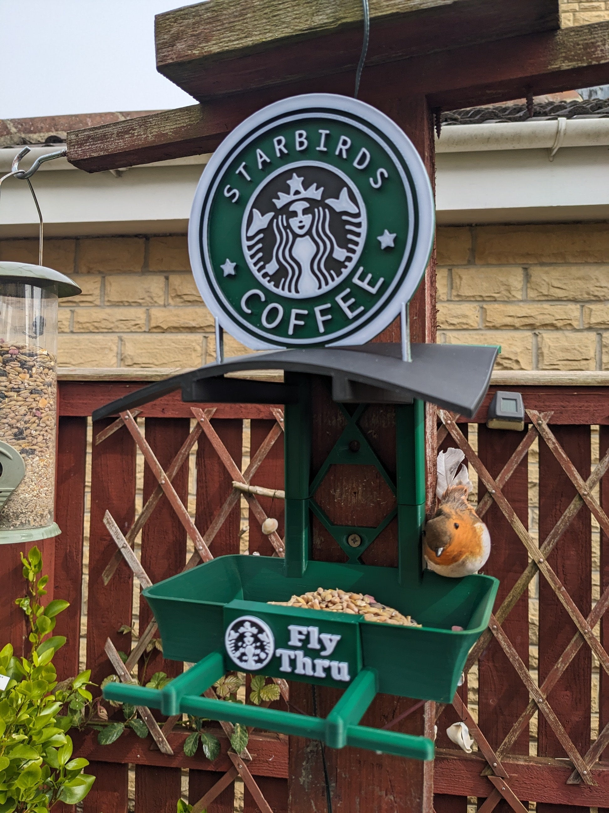 Starbirds coffee shop Fly Thru feeding station. Bird food feeder table for all your feathered friends that like seeds and fat balls