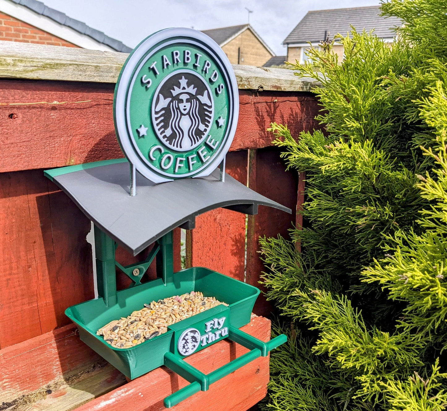 Starbirds coffee shop Fly Thru feeding station. Bird food feeder table for all your feathered friends that like seeds and fat balls