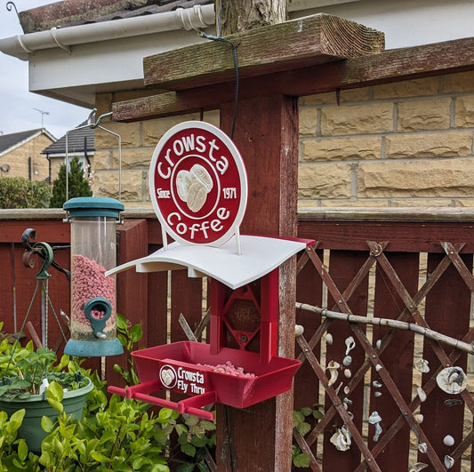 Crowsta Coffee shop 3d printed bird feeding station. Fly Thru Seed feeder table for your feathered friends including magpies and jackdaws