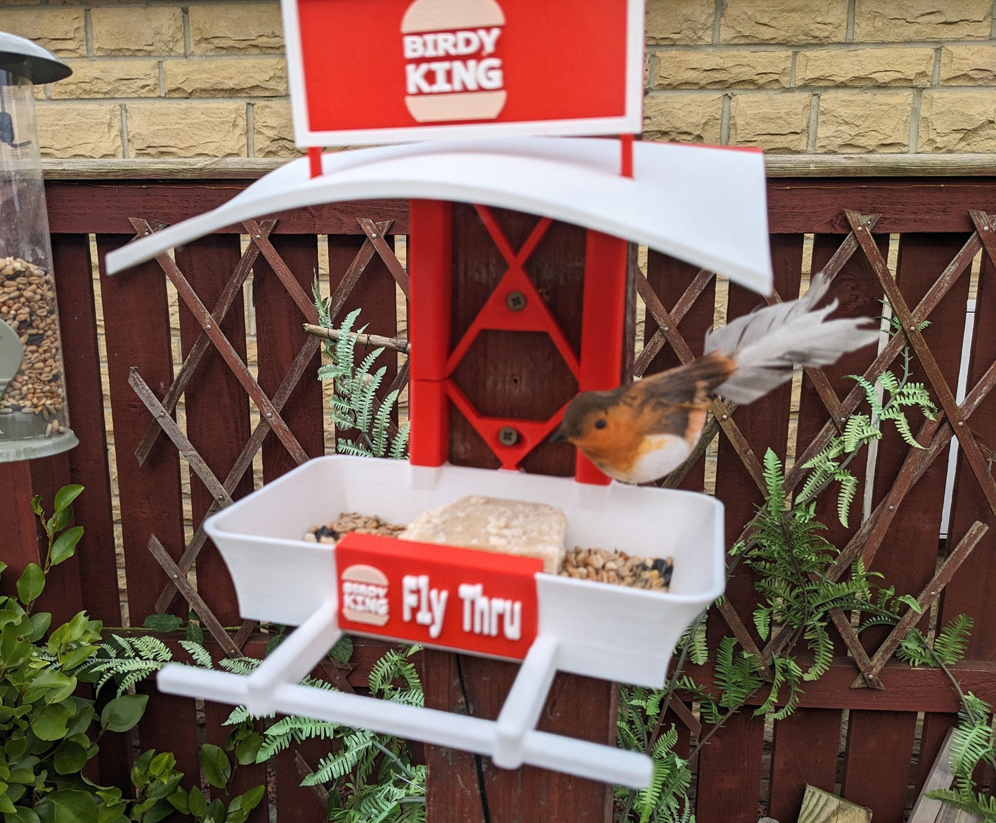 K F C Fly Thru 3d printed bird feeding station. Kentucky fried Corn feeder table for all your feathered friends into fast food takeaways.