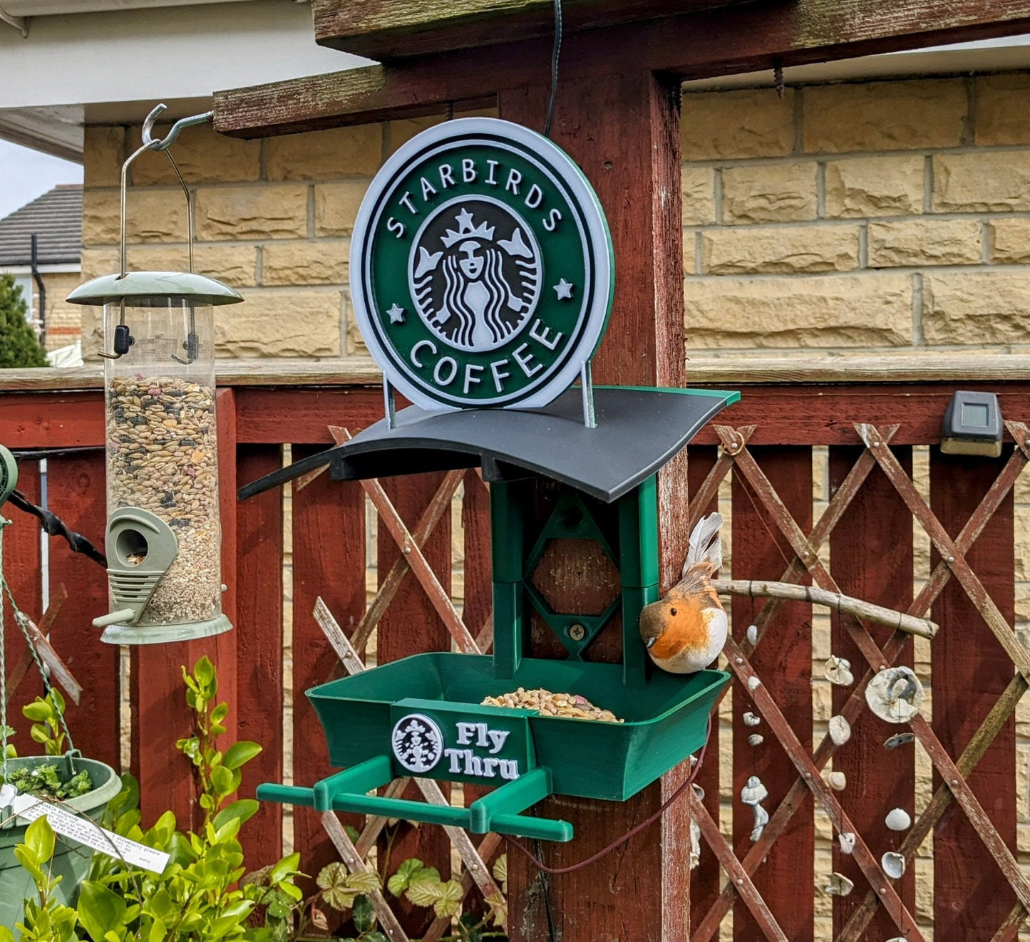 Starbirds coffee shop Fly Thru feeding station. Bird food feeder table for all your feathered friends that like seeds and fat balls