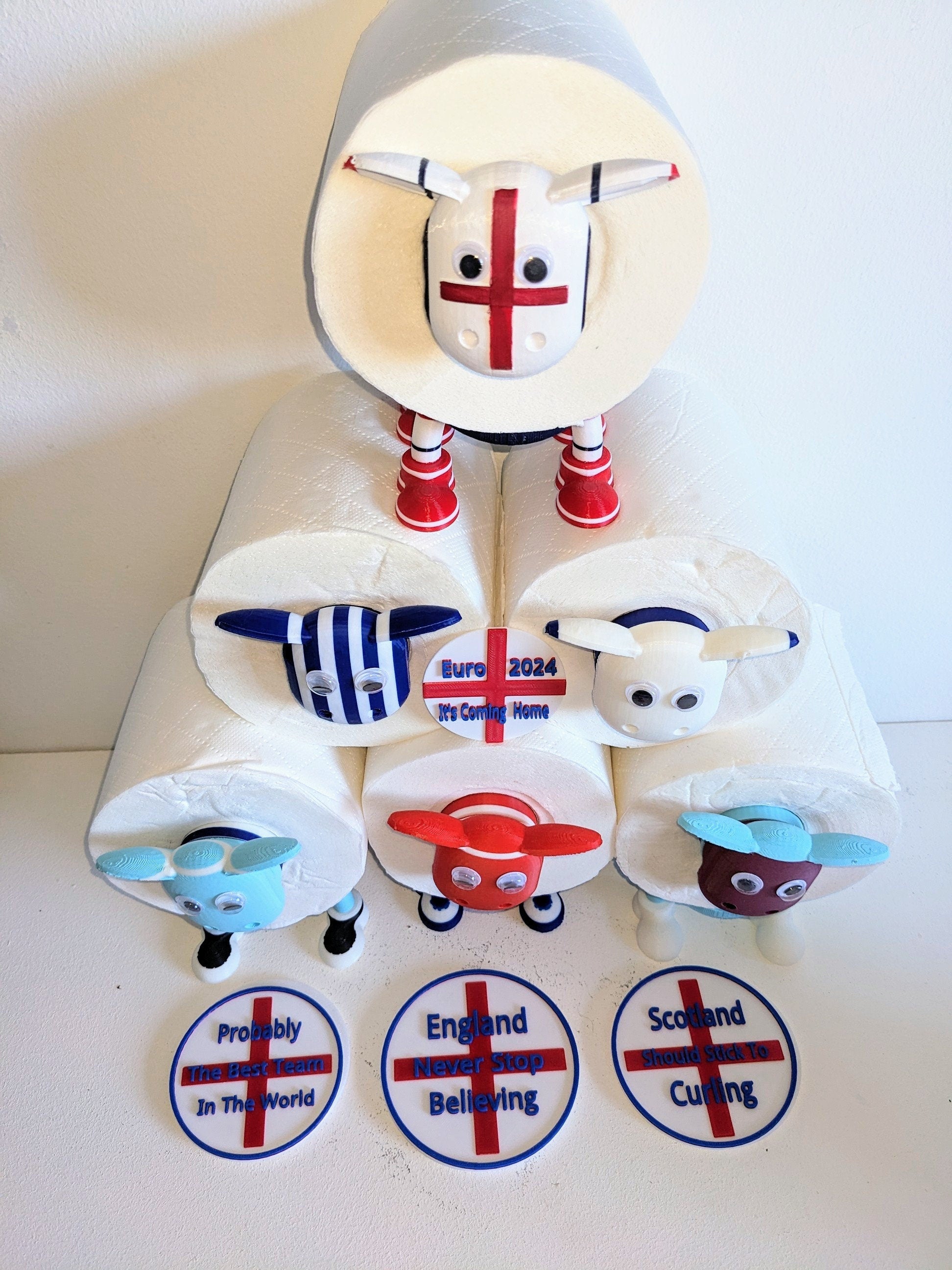 ENGLAND Euro 2024 football Sheep toilet roll holder. Special hand painted 3d Edition tissue dispenser.