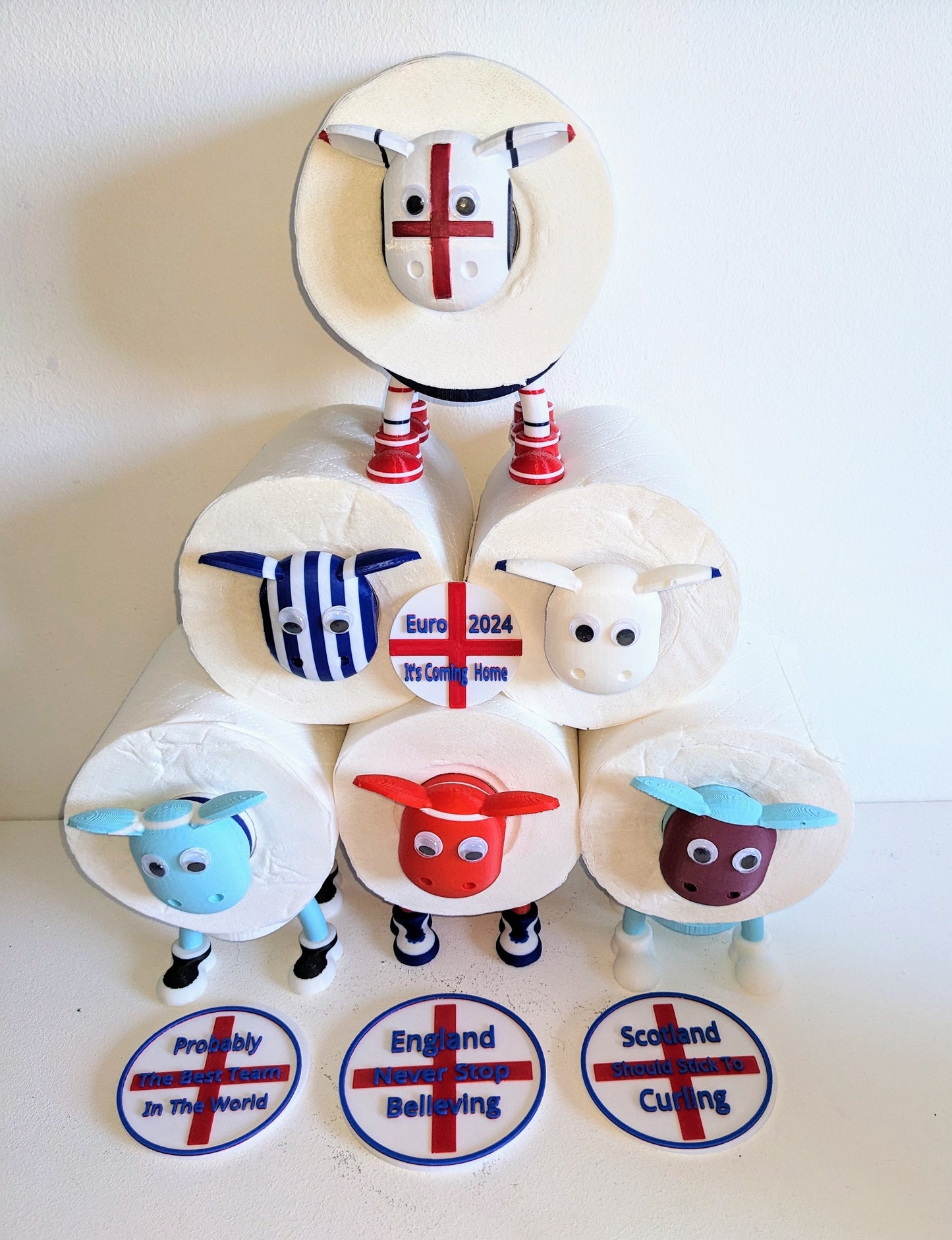 ENGLAND Euro 2024 football Sheep toilet roll holder. Special hand painted 3d Edition tissue dispenser.