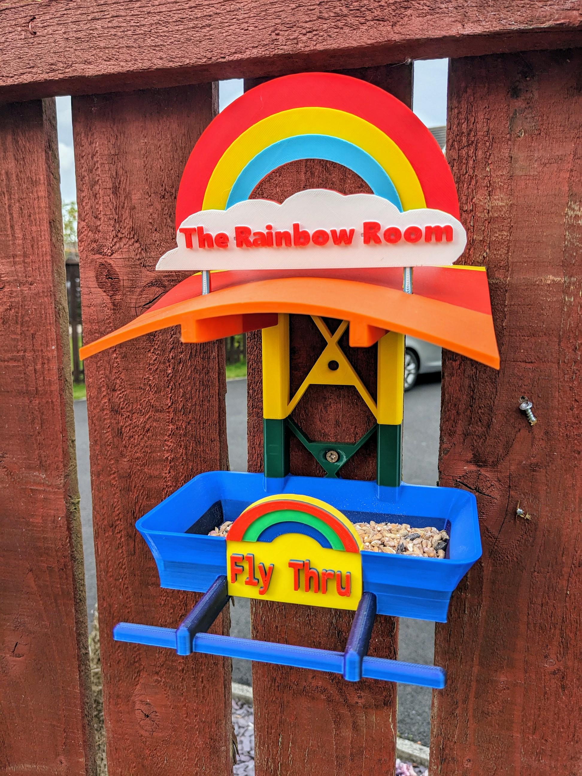 The Rainbow Room 3d printed bird feeding station. The coolest and possibly only LGBTQIA+ rainbow themed bird food table you will ever see.