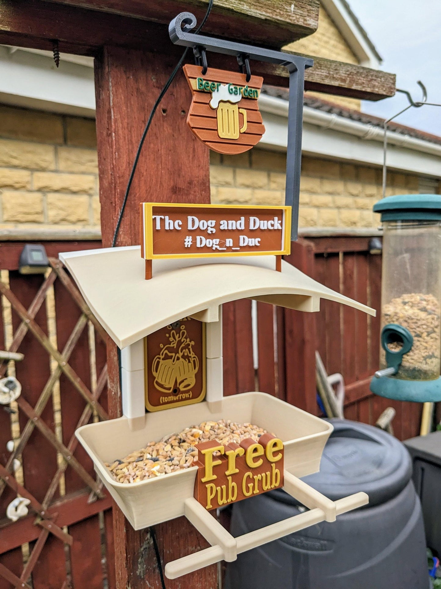 The Custom PUB Named Bird Feeder / Garden Feeding Station. Farmer's Dog and Duck you choose the name. Fat Ball Seed table house Wild Birds