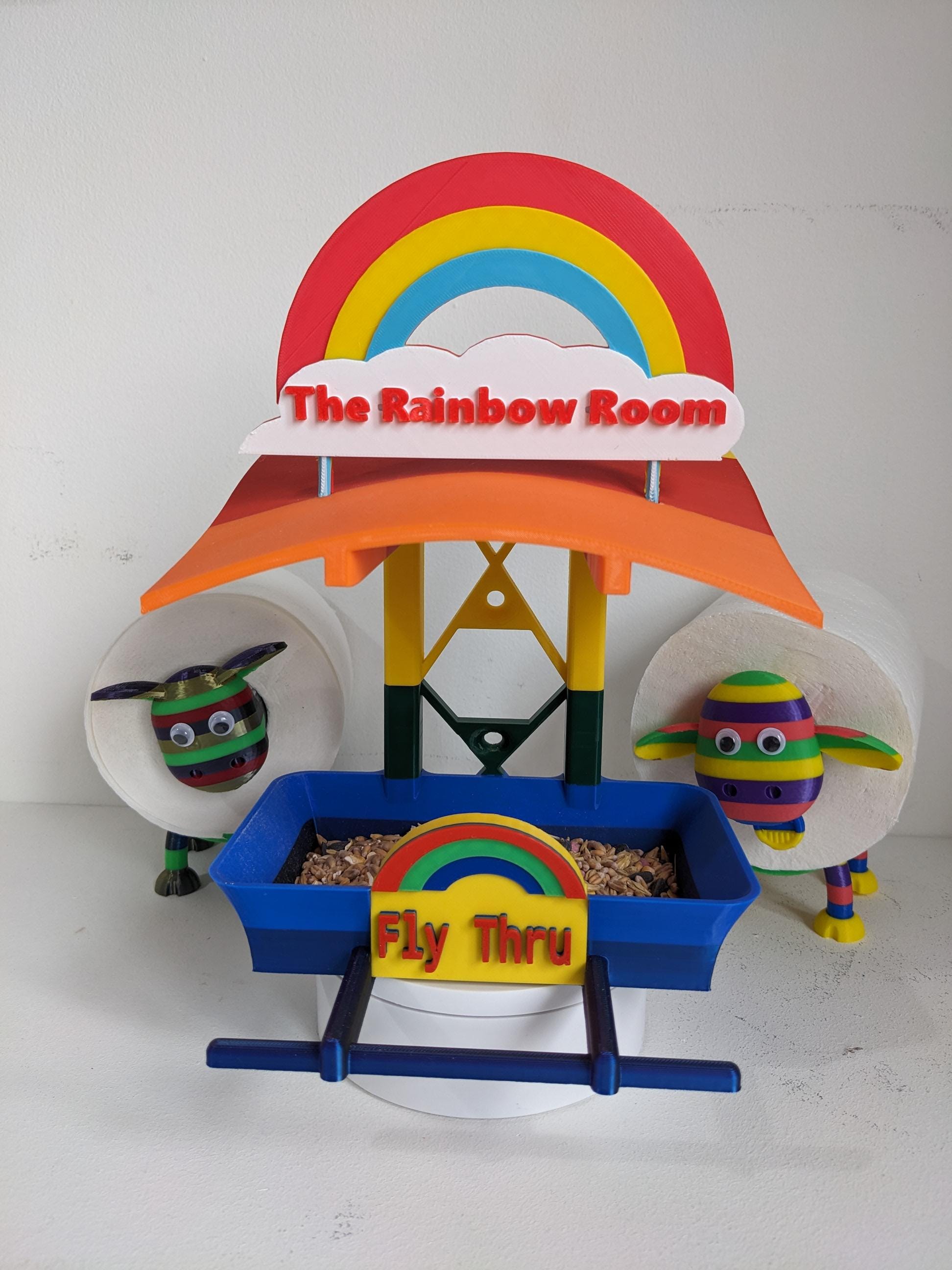 The Rainbow Room 3d printed bird feeding station. The coolest and possibly only LGBTQIA+ rainbow themed bird food table you will ever see.