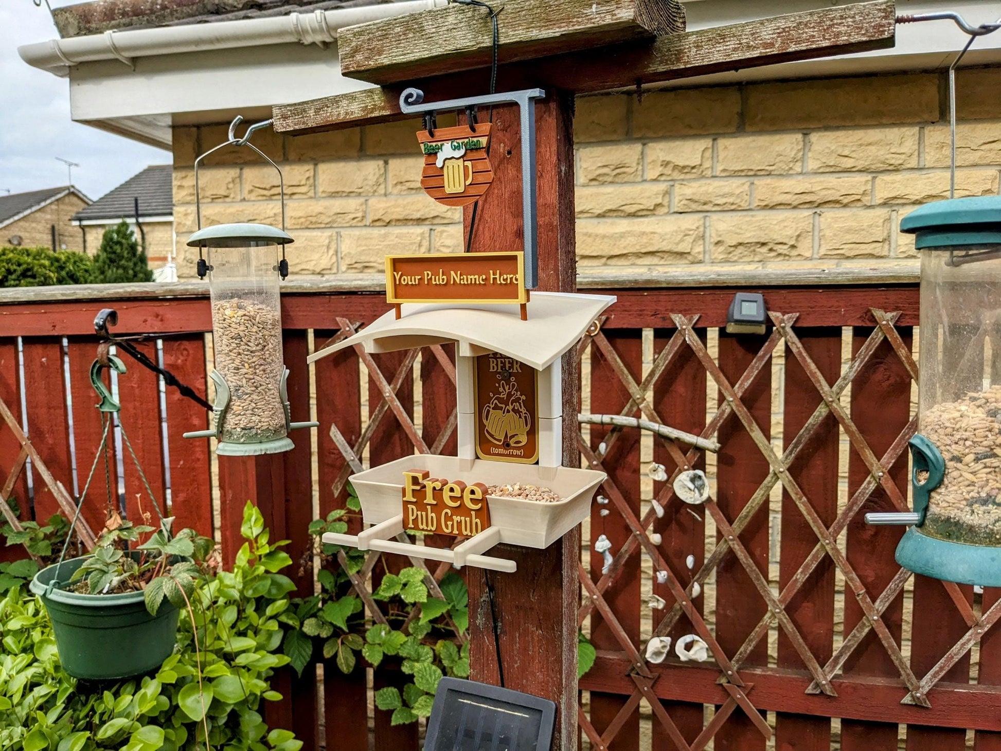 The Custom PUB Named Bird Feeder / Garden Feeding Station. Farmer's Dog and Duck you choose the name. Fat Ball Seed table house Wild Birds