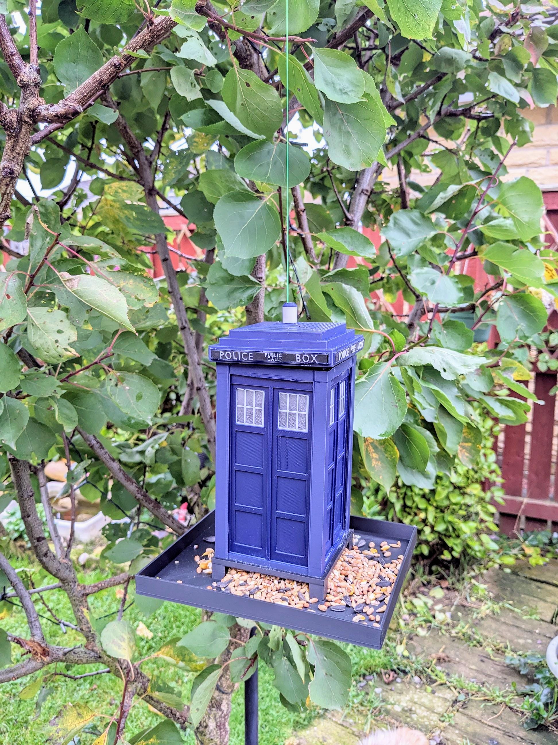 Tardis bird feeding station. Dr Who themed bird seed food table. Police telephone, public phone box Hand made in Royal blue