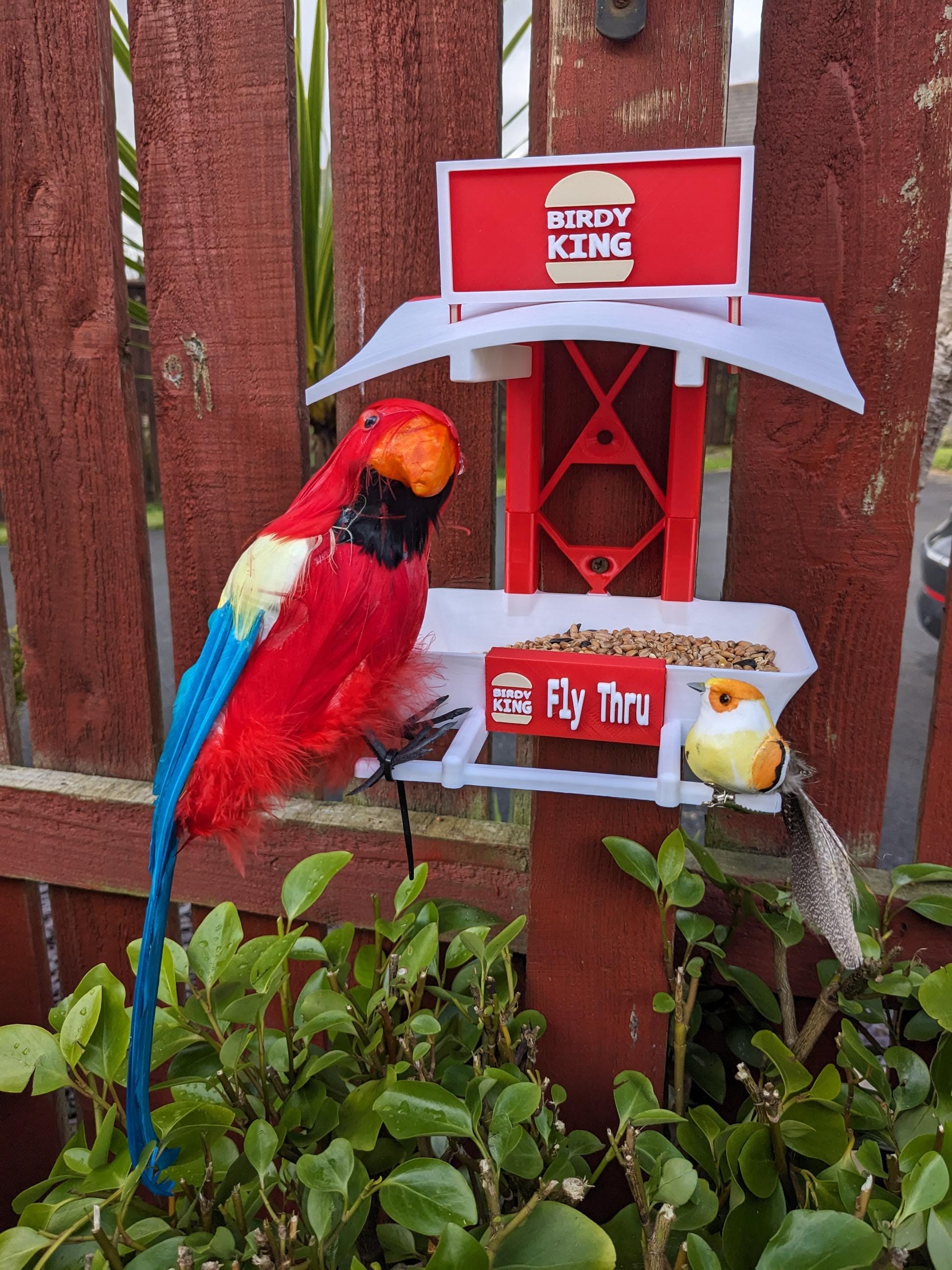 Birdy King Fly Thru 3d printed bird feeding station. The coolest feeder table takeaway in town for your feathered friends. Seed, Fat ball