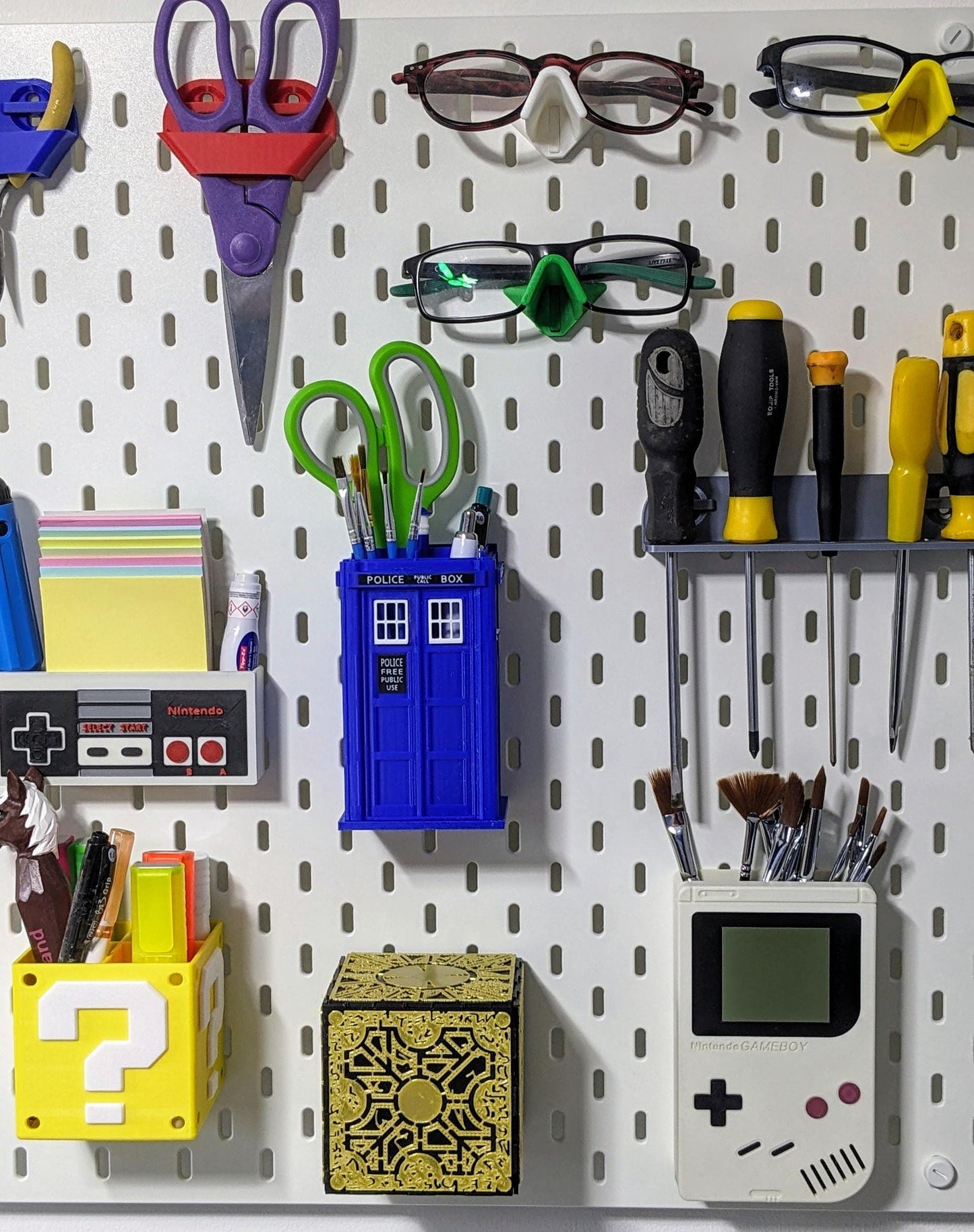 Ikea Skadis compatible Nintendo themed storage container. Mario brothers yellow Question cube with 4 sections pen, paint brush holder.