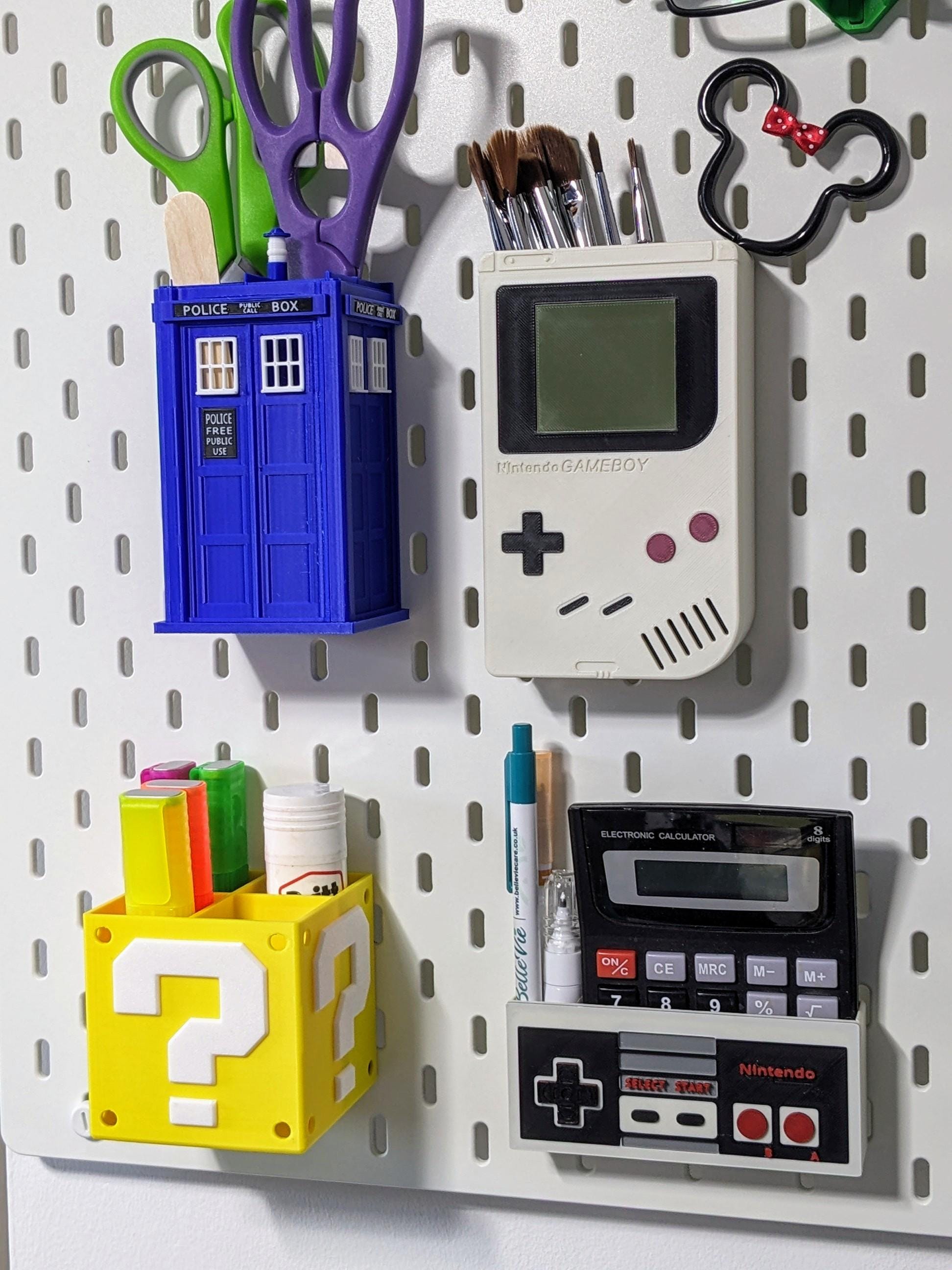 Ikea Skadis compatible Nintendo themed storage container. Mario brothers yellow Question cube with 4 sections pen, paint brush holder.