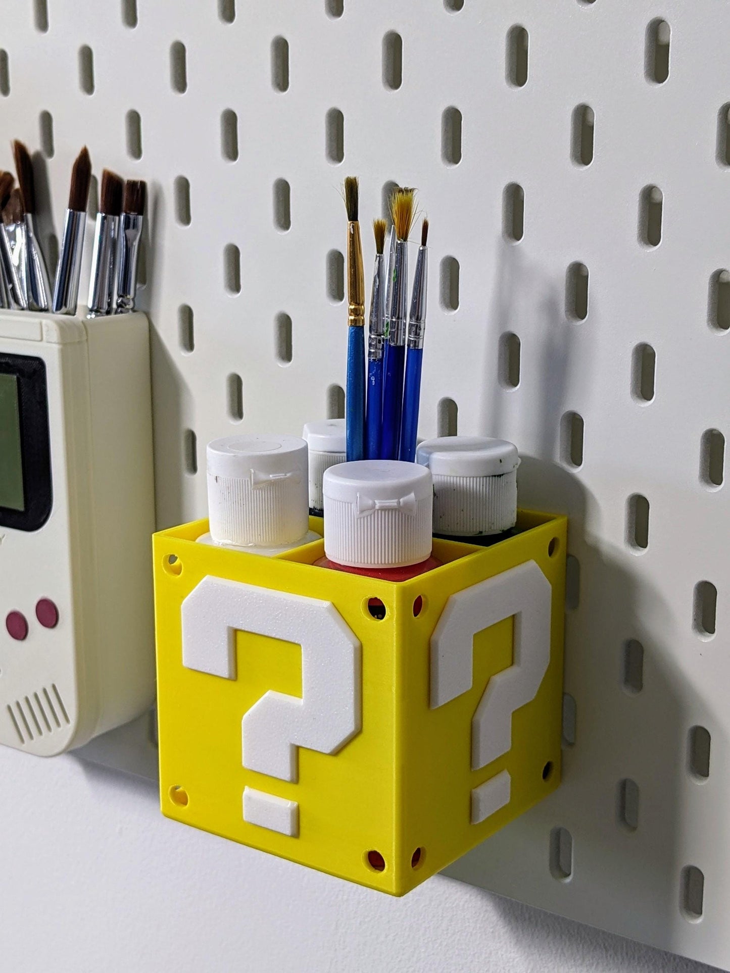 Ikea Skadis compatible Nintendo themed storage container. Mario brothers yellow Question cube with 4 sections pen, paint brush holder.