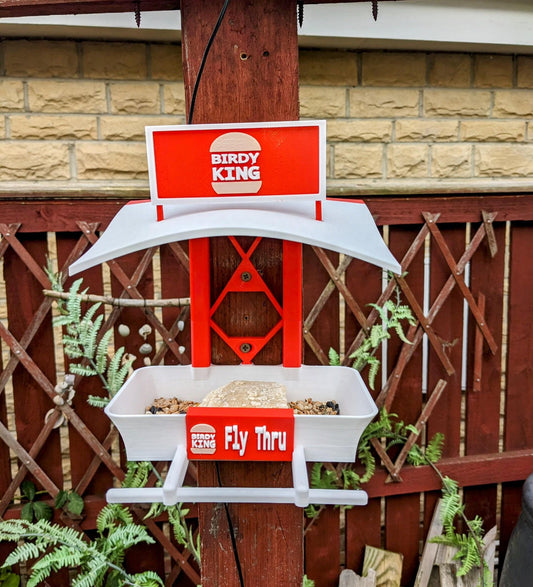 Birdy King Fly Thru 3d printed bird feeding station. The coolest feeder table takeaway in town for your feathered friends. Seed, Fat ball