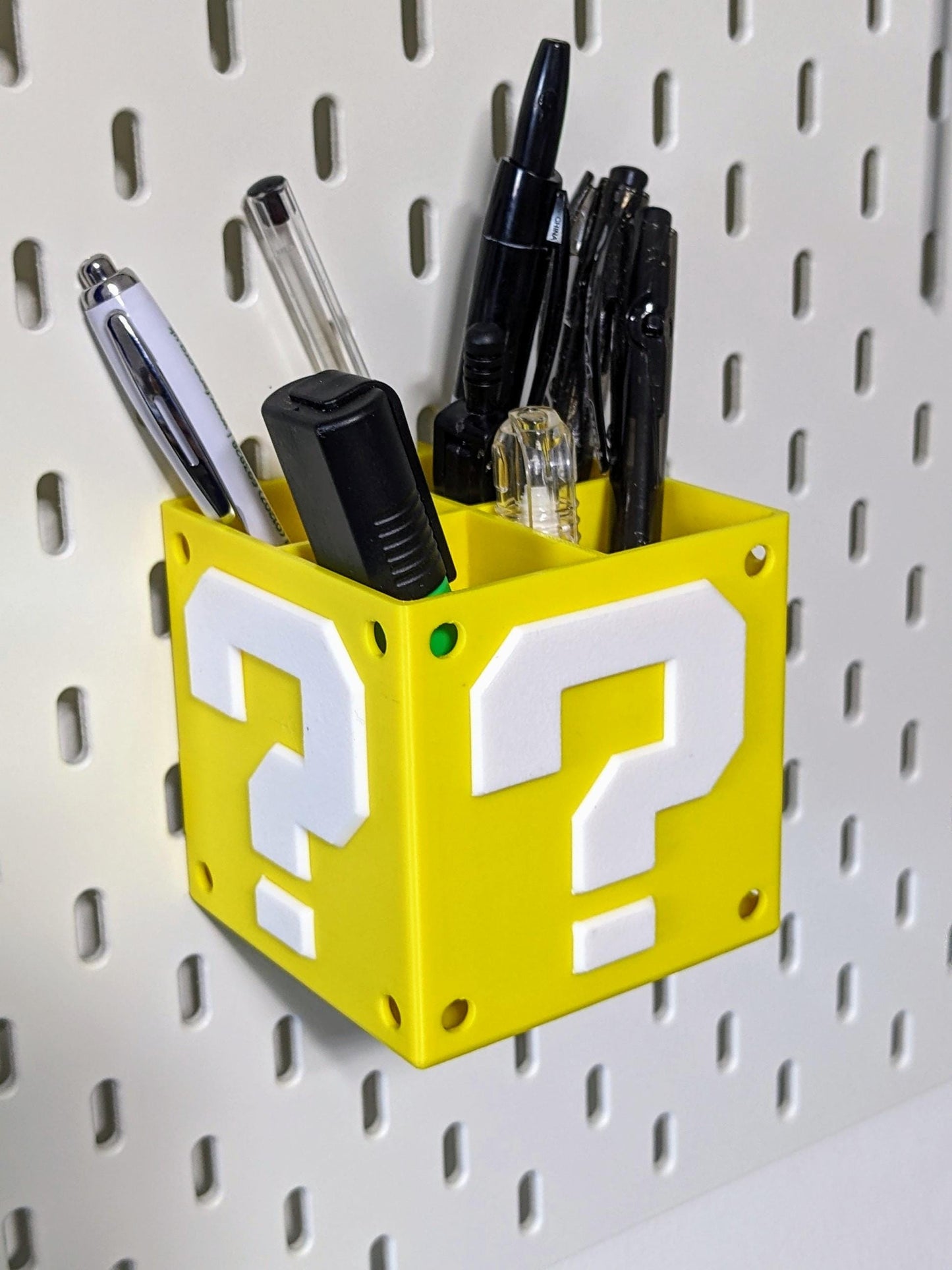 Ikea Skadis compatible Nintendo themed storage container. Mario brothers yellow Question cube with 4 sections pen, paint brush holder.