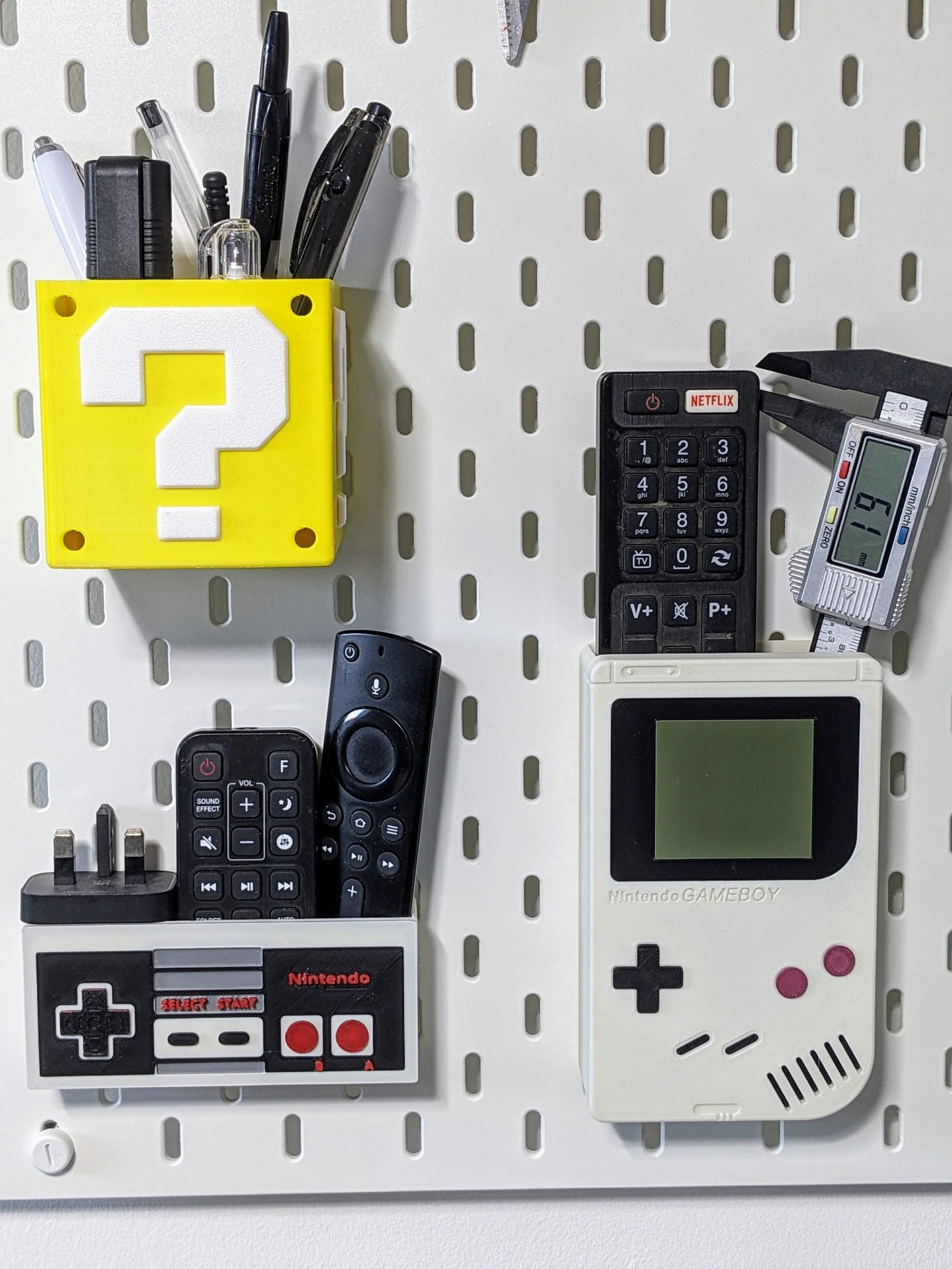 Ikea Skadis compatible Nintendo themed storage container. Mario brothers yellow Question cube with 4 sections pen, paint brush holder.