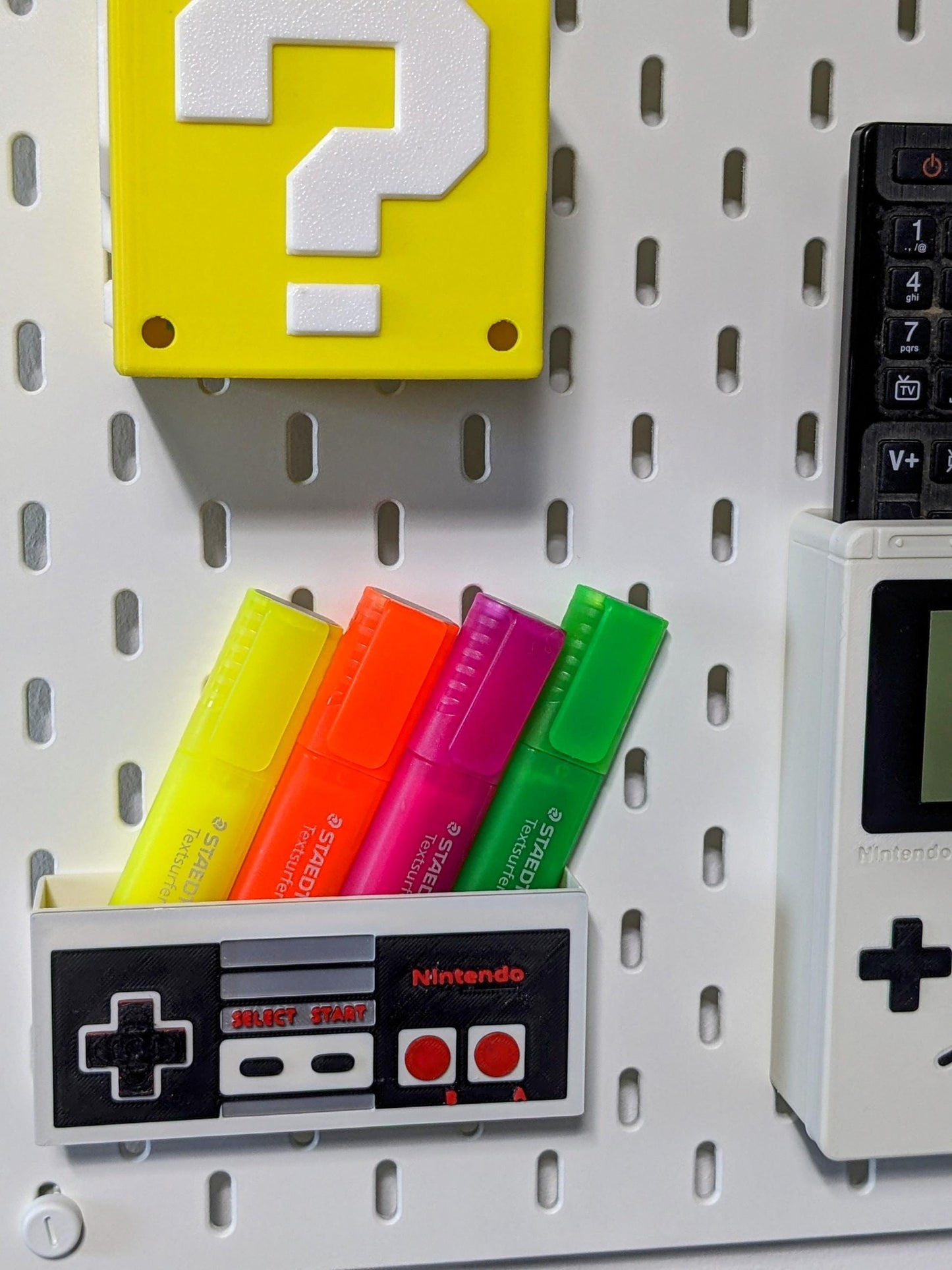 Ikea Skadis compatible Nintendo themed storage container. Mario brothers yellow Question cube with 4 sections pen, paint brush holder.