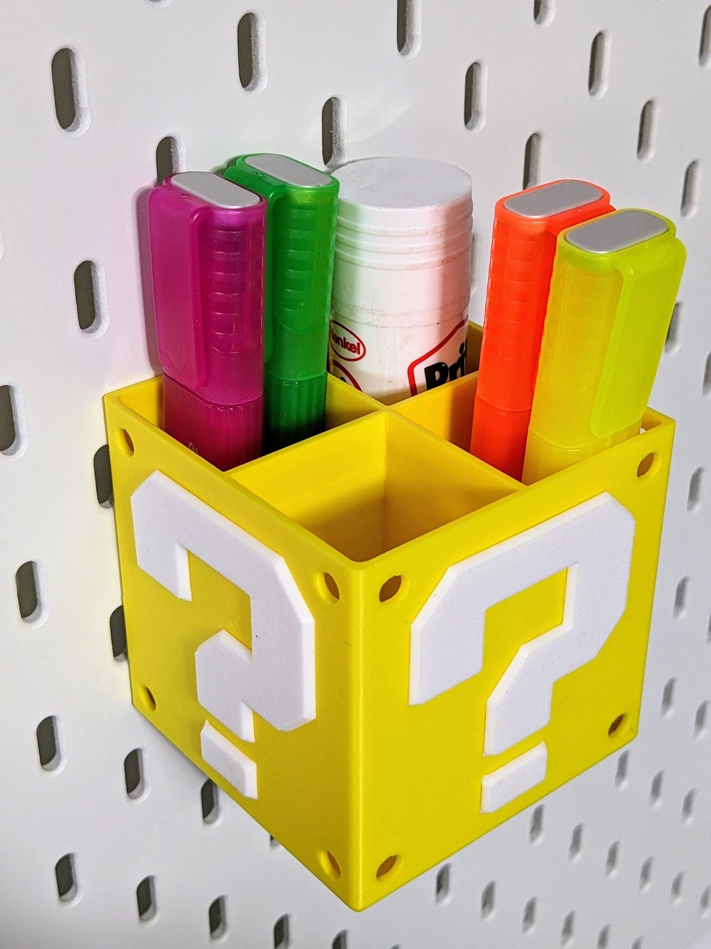 Ikea Skadis compatible Nintendo themed storage container. Mario brothers yellow Question cube with 4 sections pen, paint brush holder.