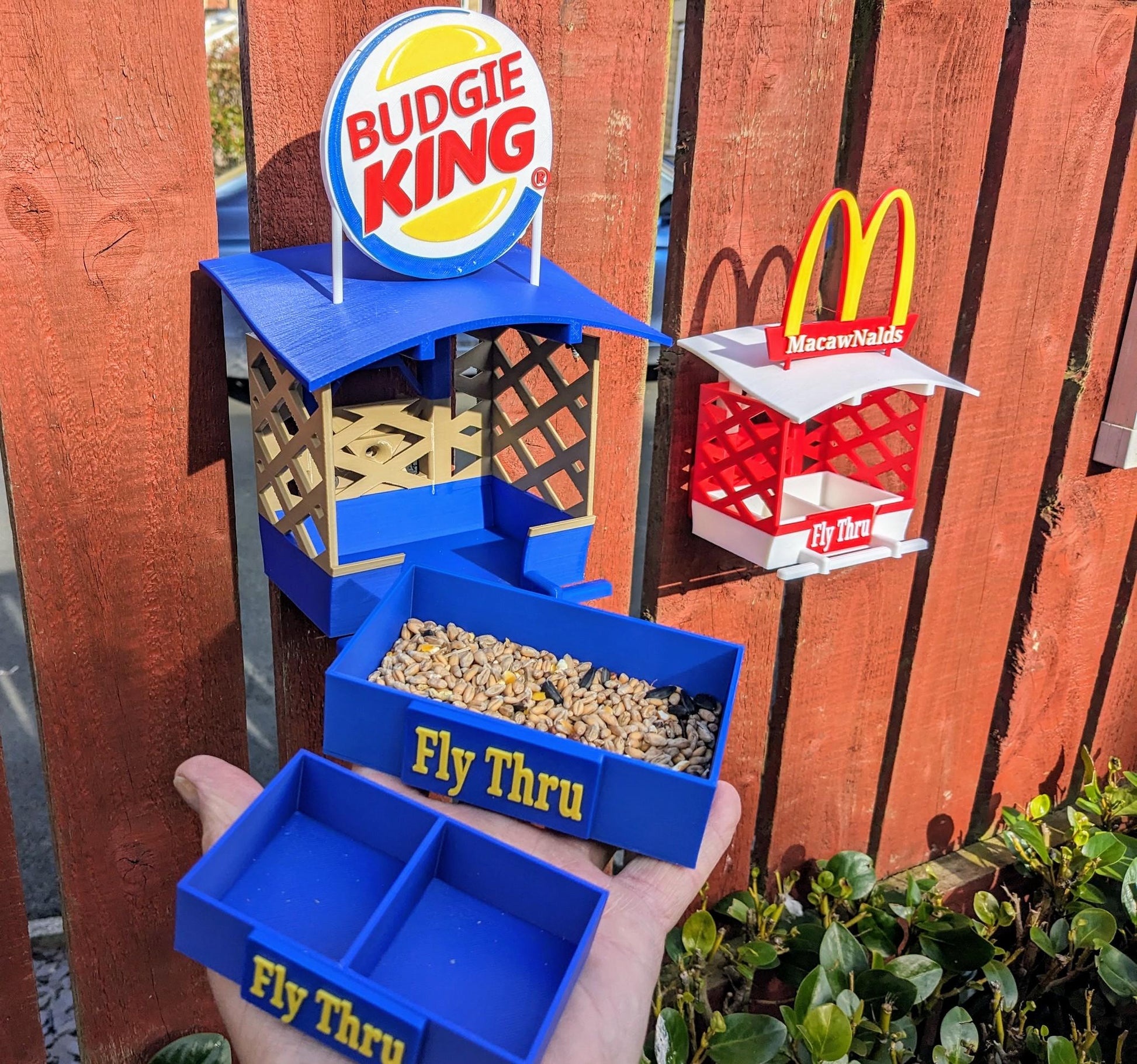 Budgie King Fly Thru bird feeding table station smaller sized feeder tray for Indoor aviary cage or outdoor use with bracket & Ikea skadis