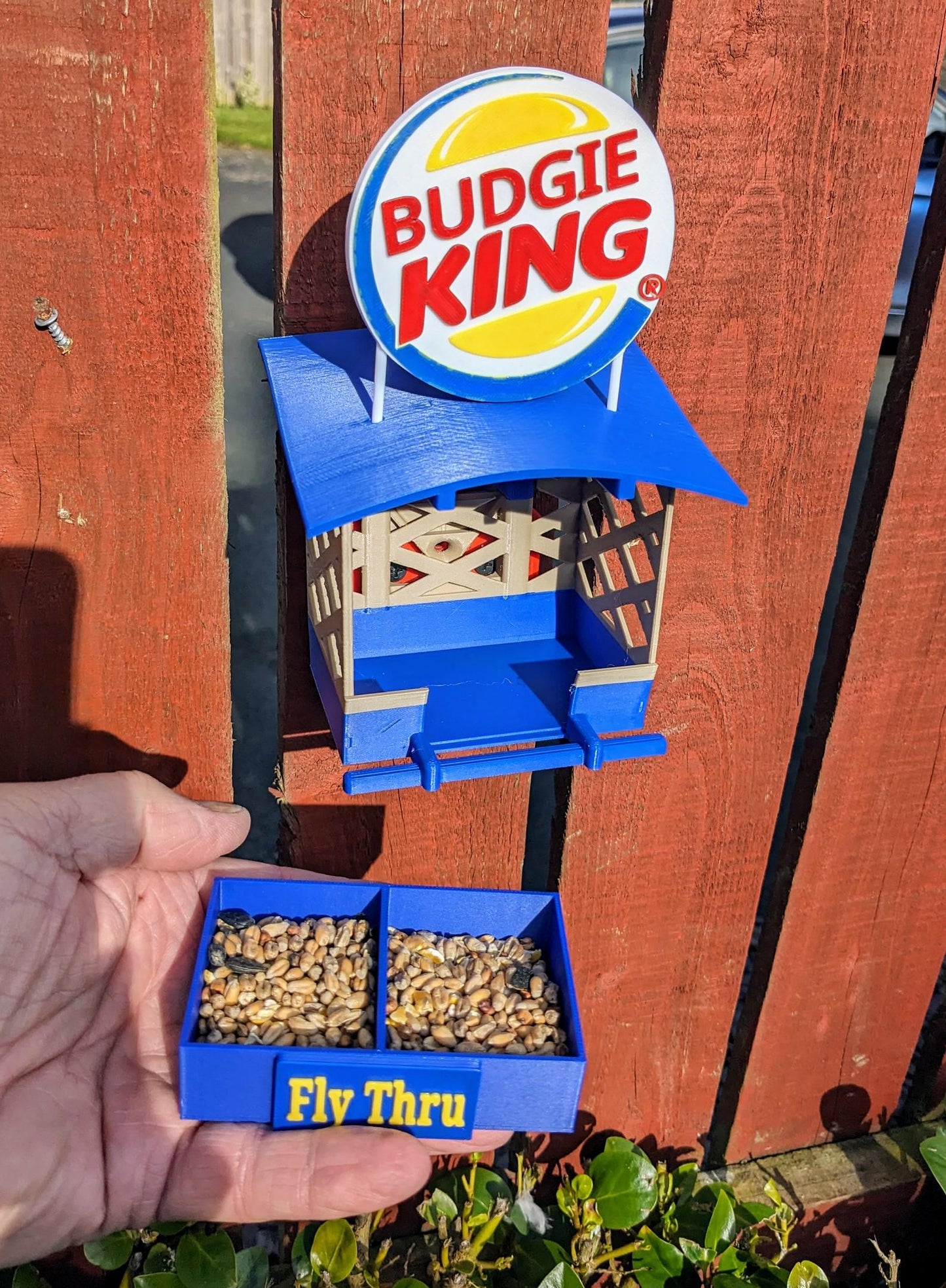 Budgie King Fly Thru bird feeding table station smaller sized feeder tray for Indoor aviary cage or outdoor use with bracket & Ikea skadis