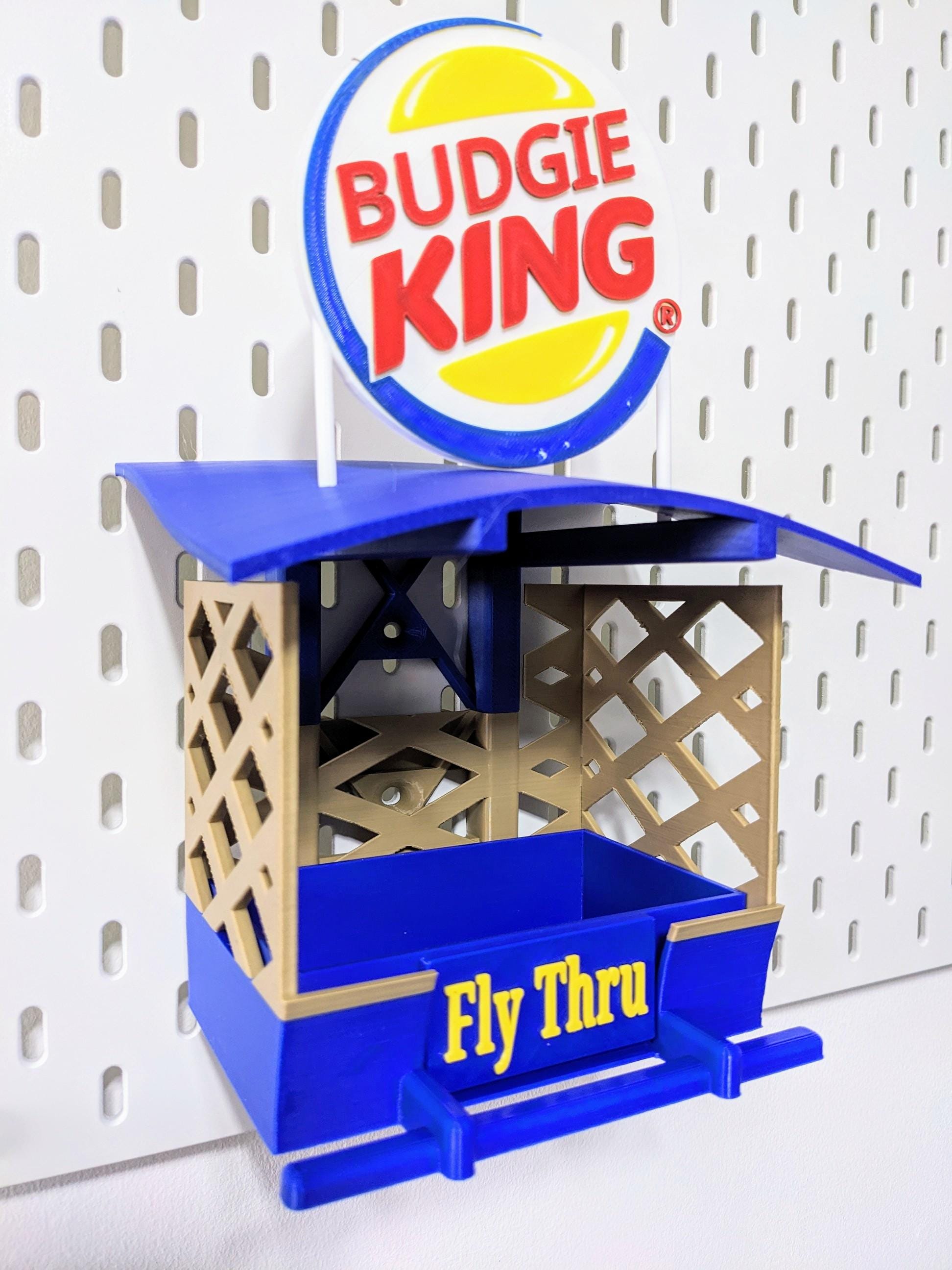 Budgie King Fly Thru bird feeding table station smaller sized feeder tray for Indoor aviary cage or outdoor use with bracket & Ikea skadis