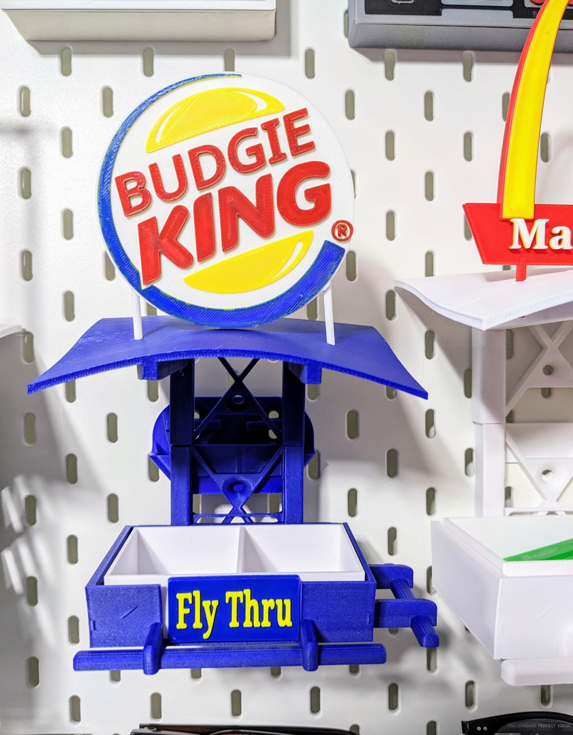 Budgie King Fly Thru caged & aviary bird feeder. Canaries Finches Parrots Lovebirds Cockatiel seed tray . Ikea Skadis compatable holder