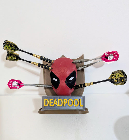 Deadpool on the Dartboard – Customisable Wall- Shelf Mounted Darts Holder with Chalk container . Its Marvel ously unique.