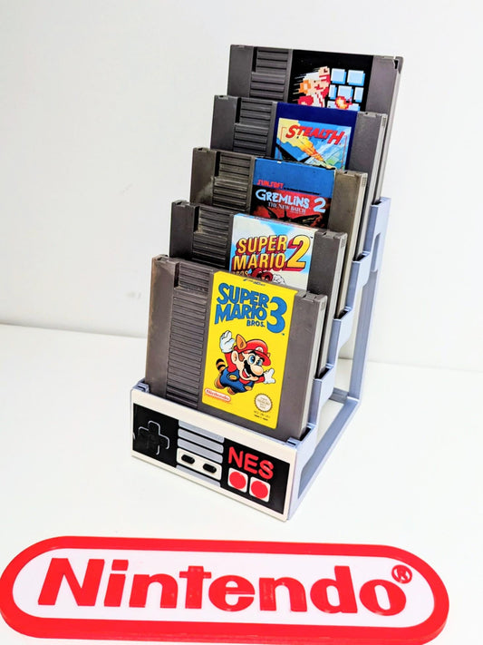 Retro NES Game Cartridge Stand | Holds 5 Classic Titles | 3D Printed Display with Controller & Nintendo Panels | Collector Gift