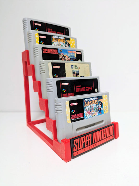 Retro SNES / Super Famicom Game Cartridge Stand | Holds 6 Classic Titles | 3D Printed Display with Nintendo Logo Panel | Collector Gift