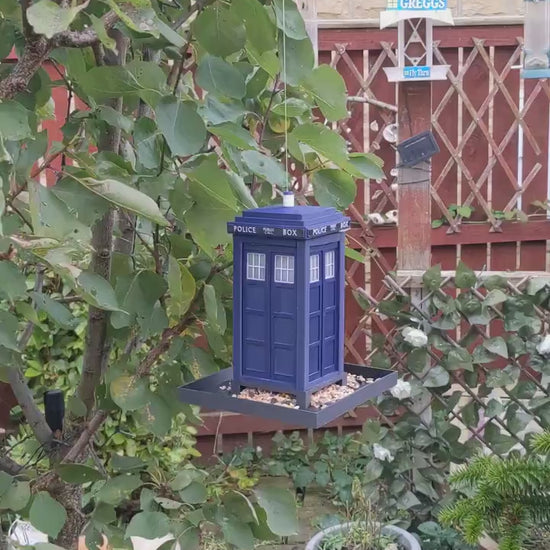 Tardis bird feeding station. Dr Who themed bird seed food table. Police telephone, public phone box Hand made in  Royal blue