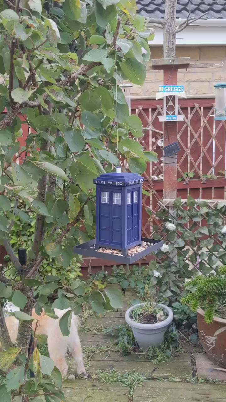 Tardis bird feeding station. Dr Who themed bird seed food table. Police telephone, public phone box Hand made in  Royal blue