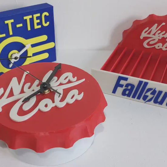 Nuka Cola novelty Fallout clock silent non tick mechanism for Playstation Xbox or TV series Vault Tec fans. 6 inch hand made in the UK.