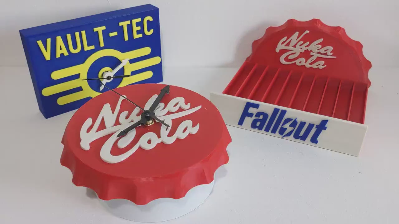 Nuka Cola novelty Fallout clock silent non tick mechanism for Playstation Xbox or TV series Vault Tec fans. 6 inch hand made in the UK.